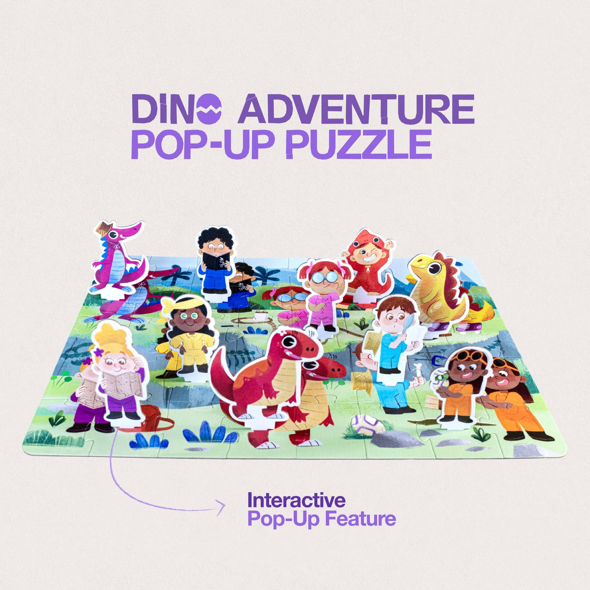 Dino Adventure pop-up puzzle assembled, with dinosaur and kid explorer figures standing up
