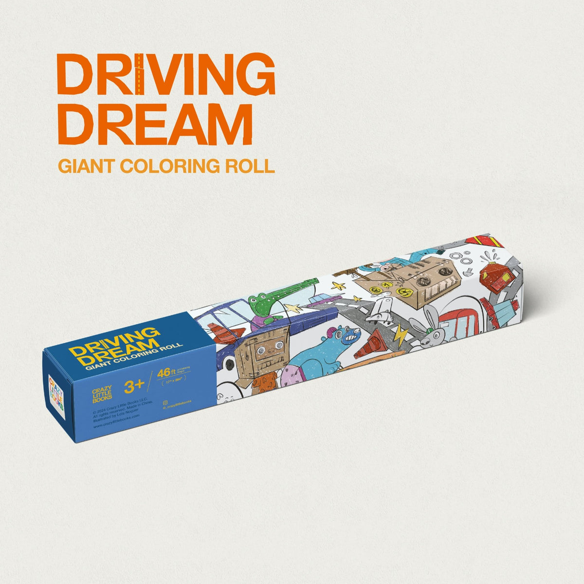 Driving Dream giant coloring roll in its box, decorated with cars, trucks and road scenes