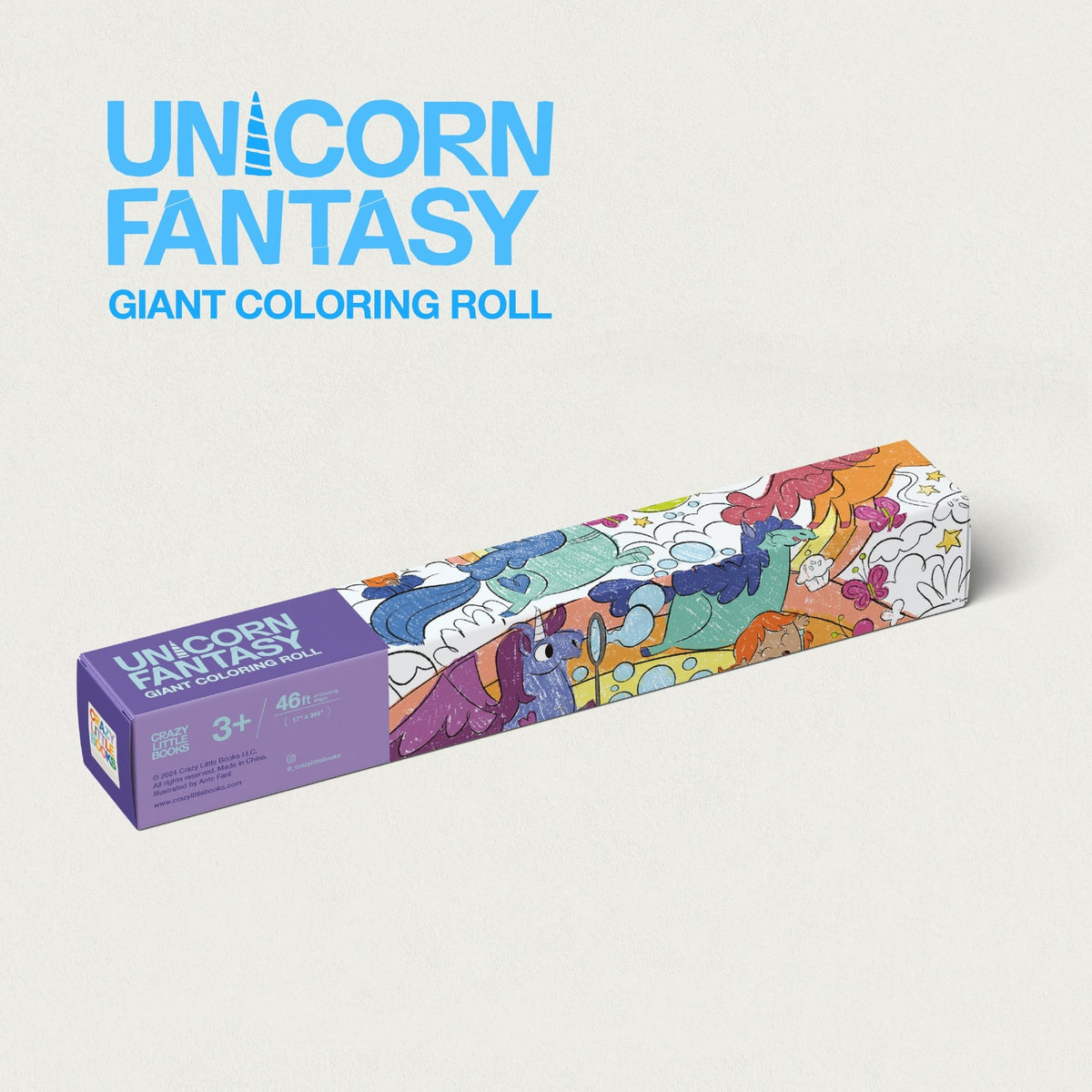Unicorn Fantasy giant coloring roll in its box, decorated with colorful unicorns and kids