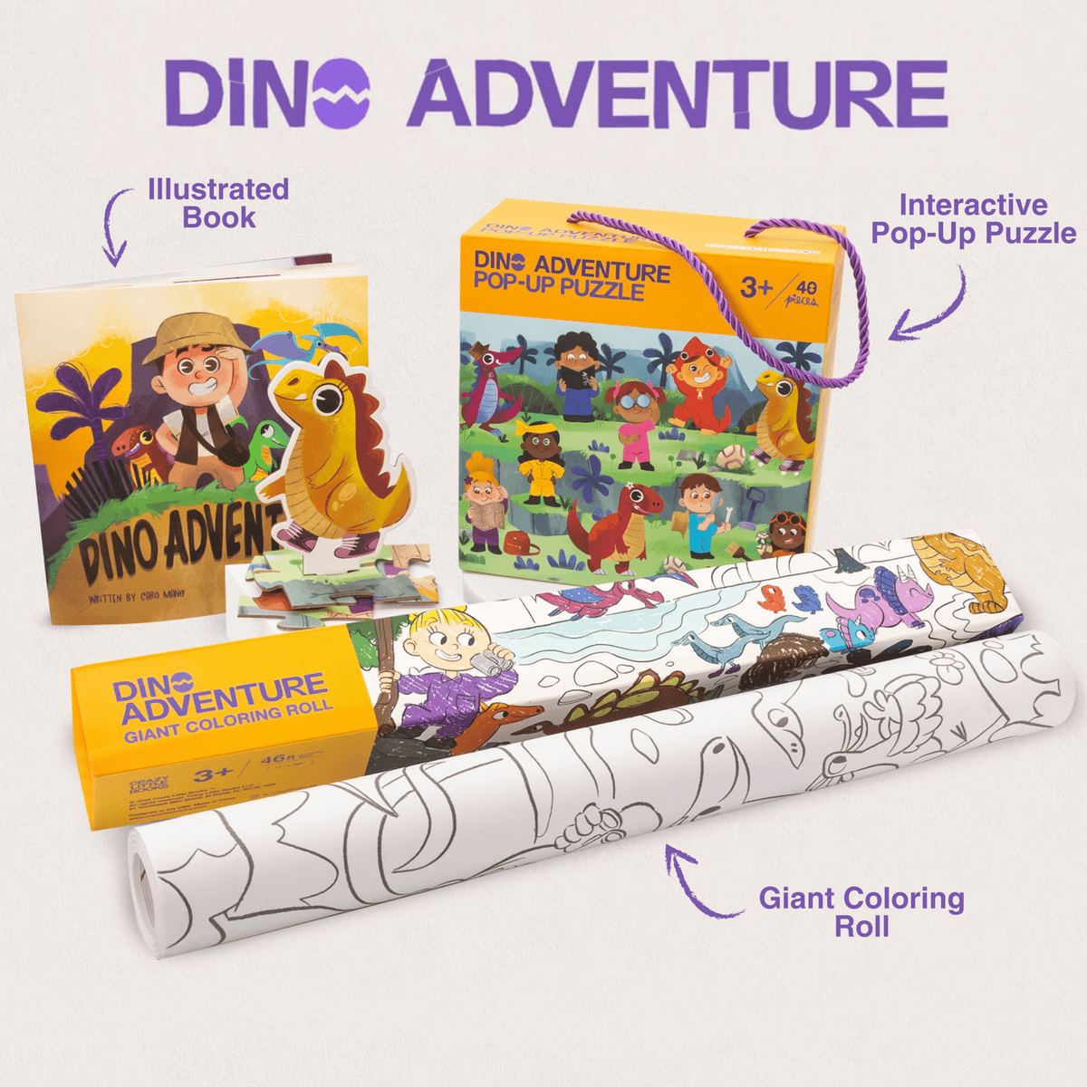 Dino Adventure Ultimate Bundle: illustrated book, pop-up puzzle box and giant coloring roll