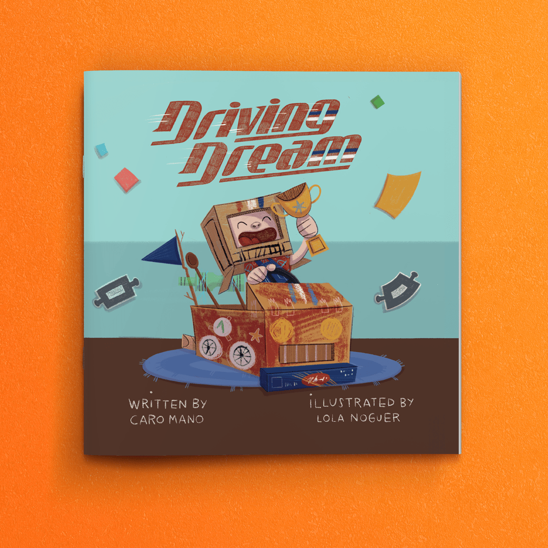 Driving Dream personalized book cover showing a child driving a cardboard-box car and holding up a trophy