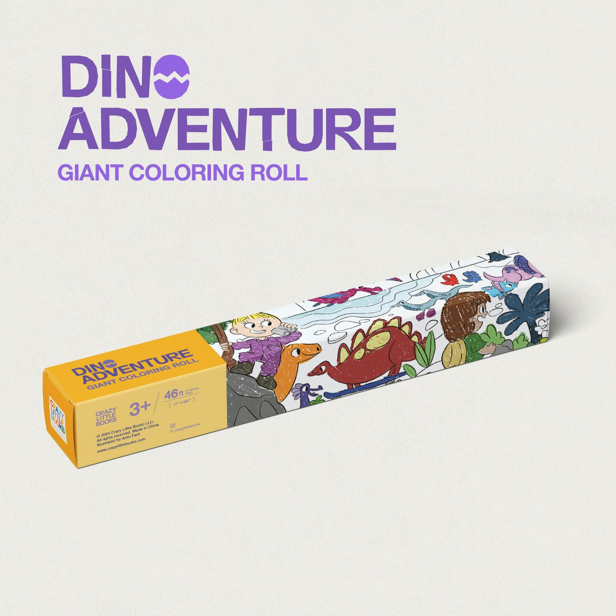 Dino Adventure giant coloring roll in its box, decorated with dinosaurs and a young explorer