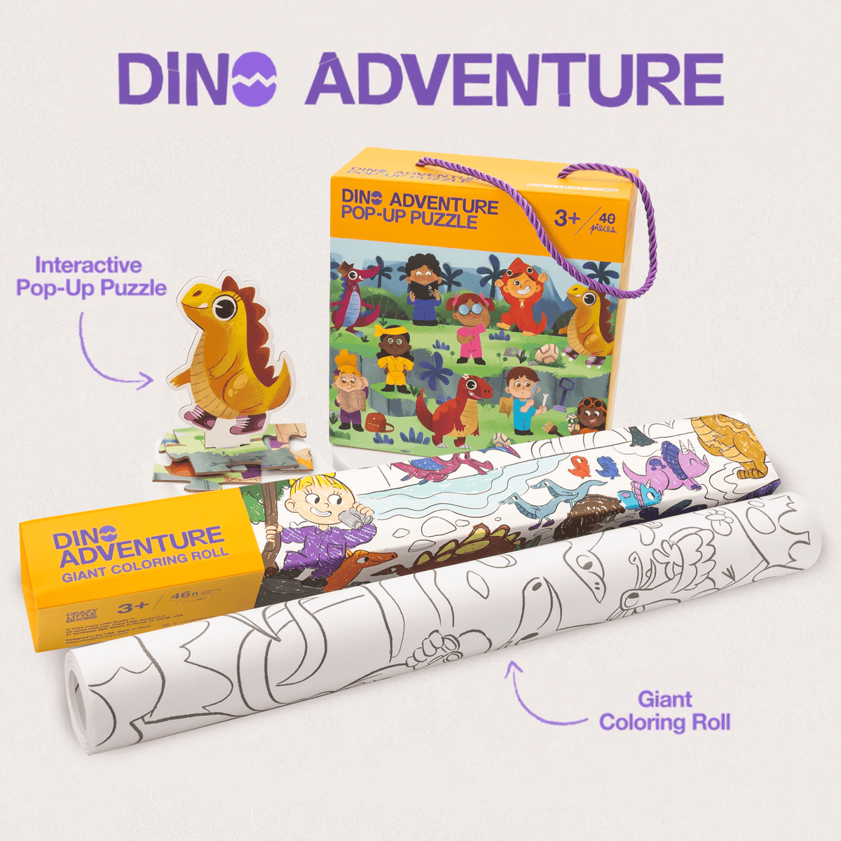 Dino Adventure Activity Bundle: pop-up puzzle box with a standing dinosaur figure and giant coloring roll