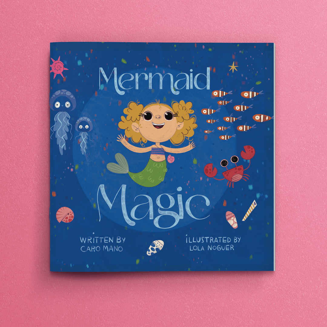 Mermaid Magic personalized book cover with a smiling mermaid, jellyfish, crab and fish in a deep blue sea