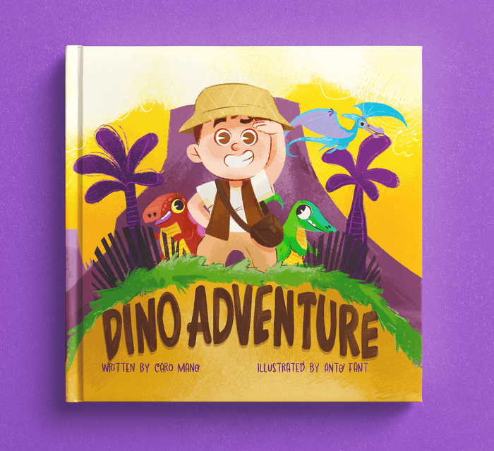 Dino Adventure personalized book hardcover showing a cartoon child explorer in a safari hat with dinosaurs on a yellow cover