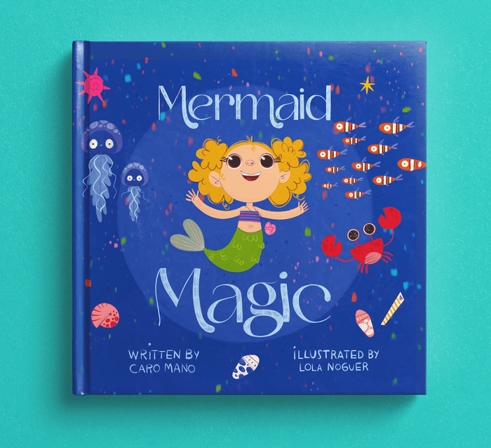 Mermaid Magic personalized book hardcover with a smiling curly-haired mermaid among fish, jellyfish and crabs on a blue cover
