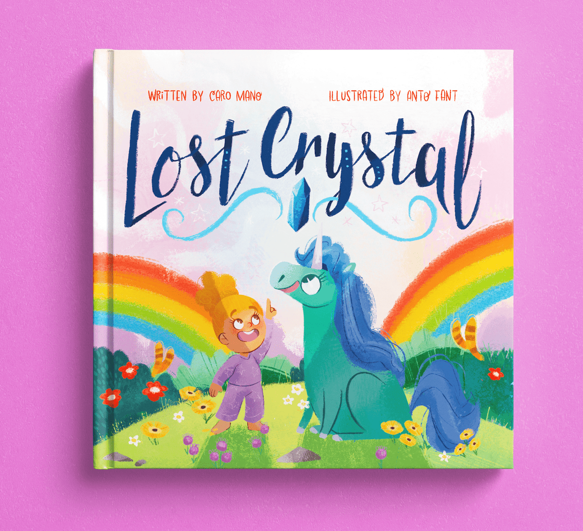 Unicorn Fantasy personalized book cover, titled Lost Crystal, with a child and a blue unicorn between two rainbows