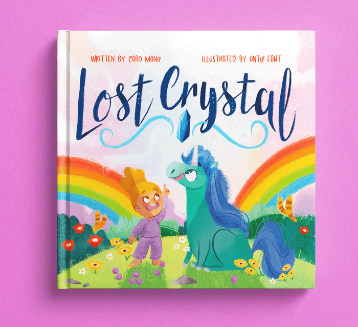 Unicorn Fantasy personalized book cover, titled Lost Crystal, with a child and a blue unicorn between two rainbows