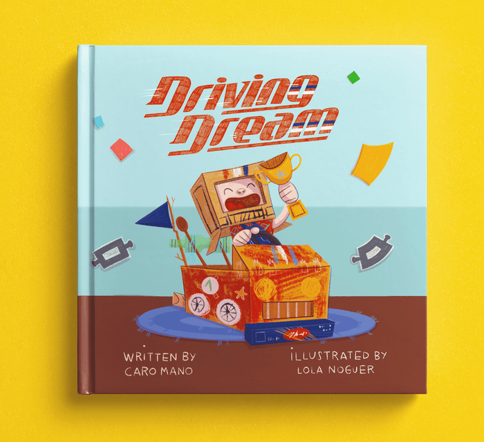 Driving Dream personalized book hardcover with a child in a cardboard-box race car holding a trophy
